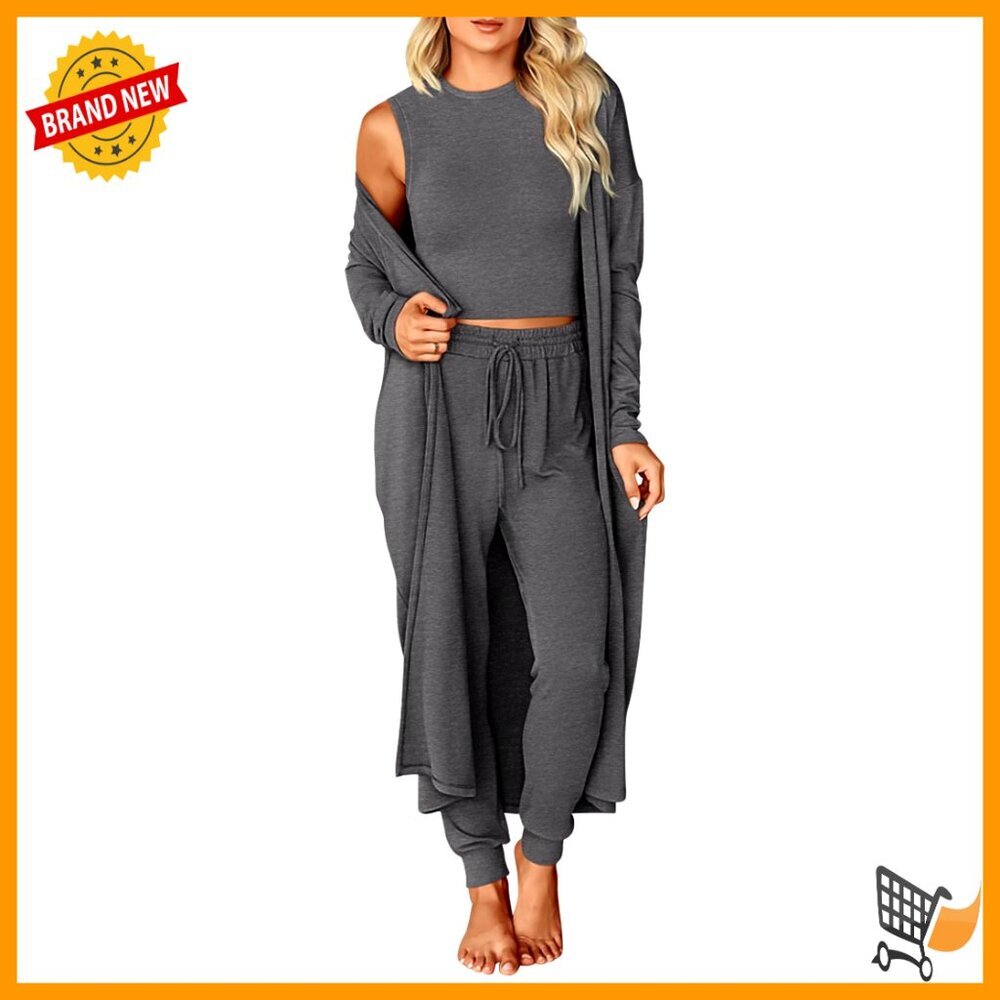 3 Piece Lounge Set Chic Minimal Travel Outfits Jogger Pants Cardigan Crop Top